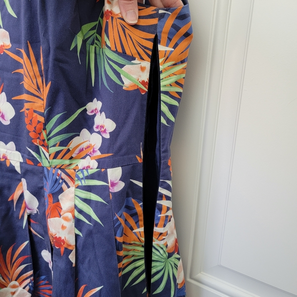 Talbots Tropical Print Sleeveless Lined A Line Dress Blue Orange Pleated Size 8 - Picture 4 of 15